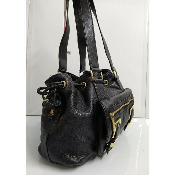 Michael Kors Black Leather Zipper Front Pockets Drawstring Closure Shoulder Bag - Picture 4 of 12